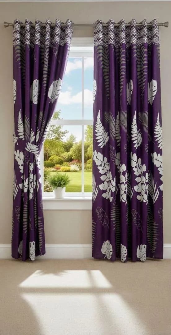 Purple Leaf Print Curtains 100x60 Inch Cotton Salonica