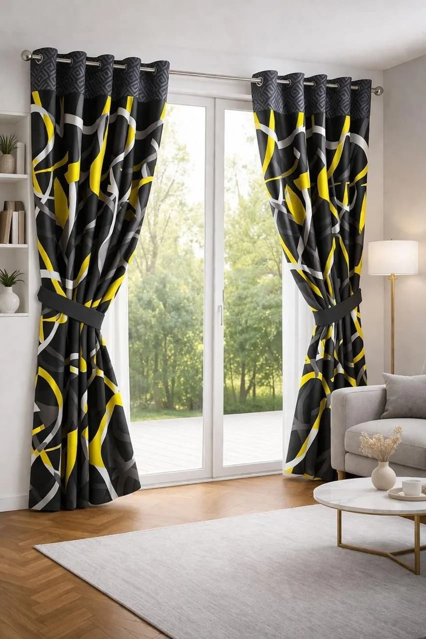 Cotton Printed Curtains 2 Pcs Black Yellow