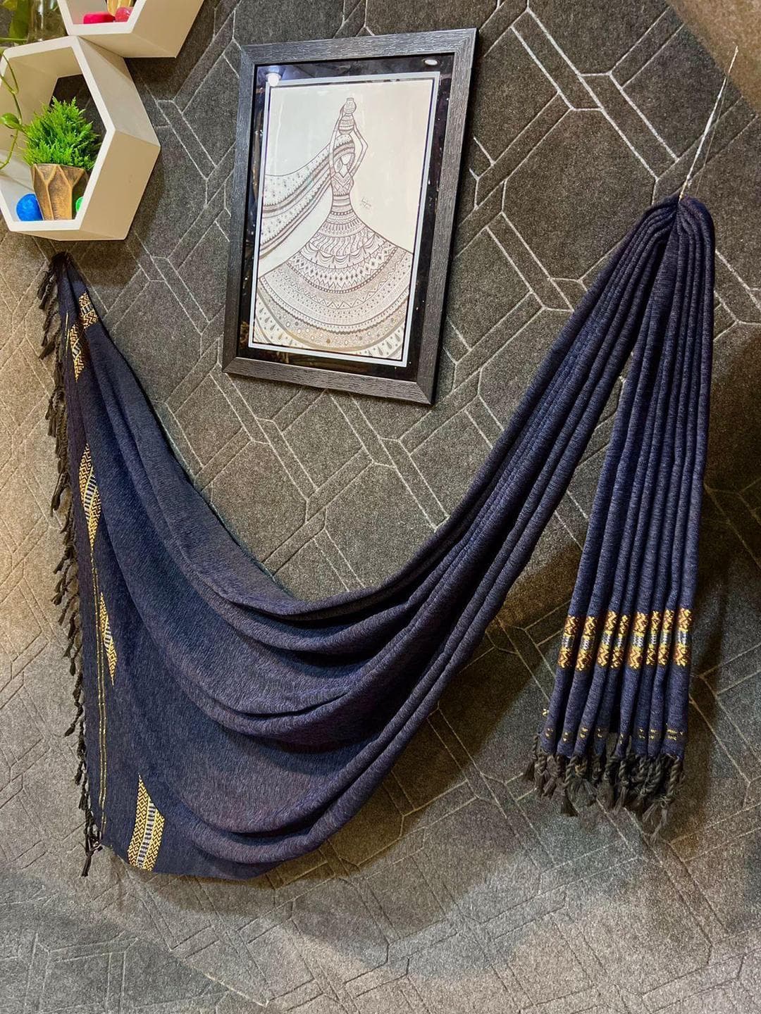 Blue Velvet Shawl with Golden Embroidery for Women