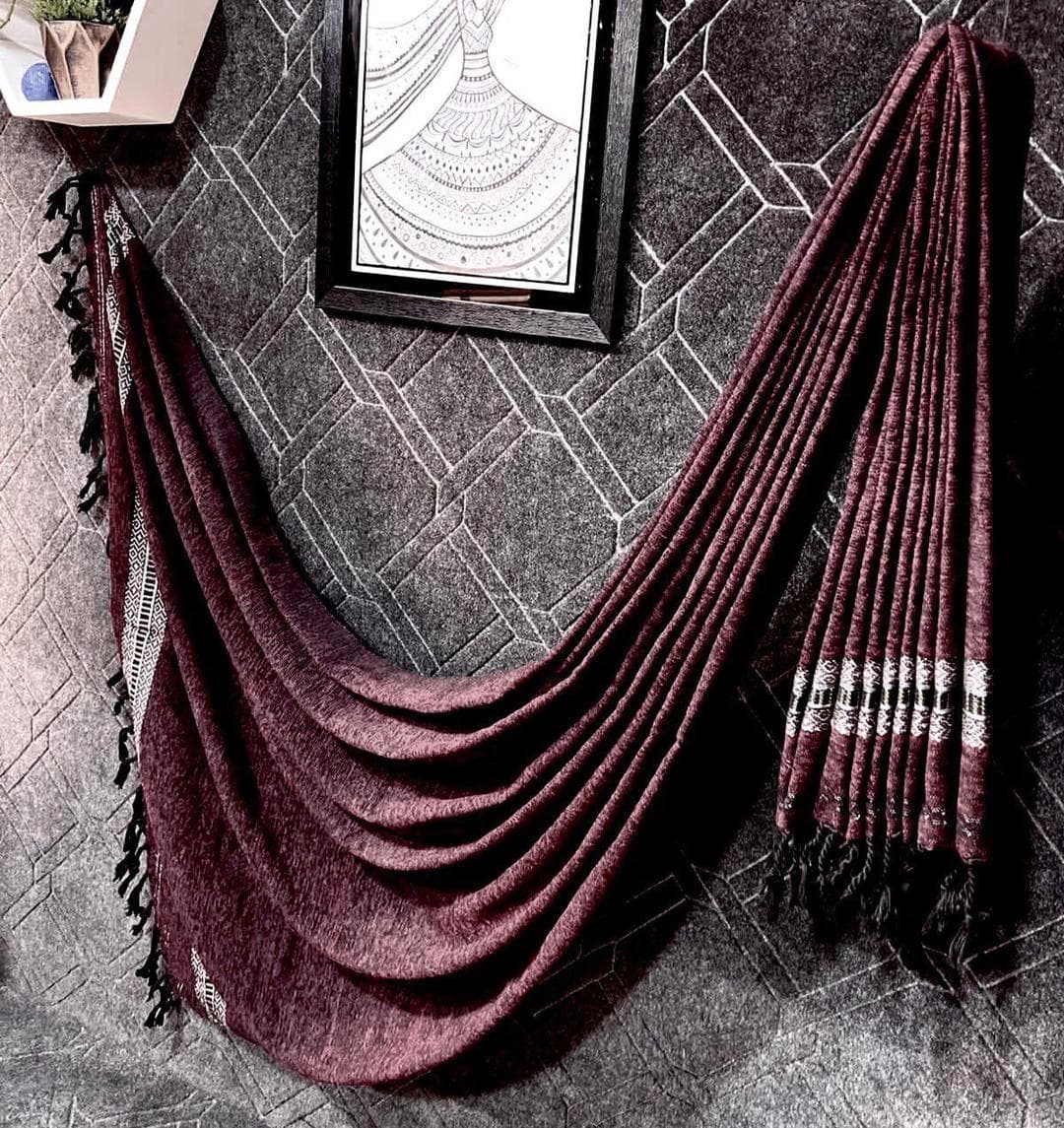 Luxury Velvet Shawl Burgundy Embroidered Black Tassels