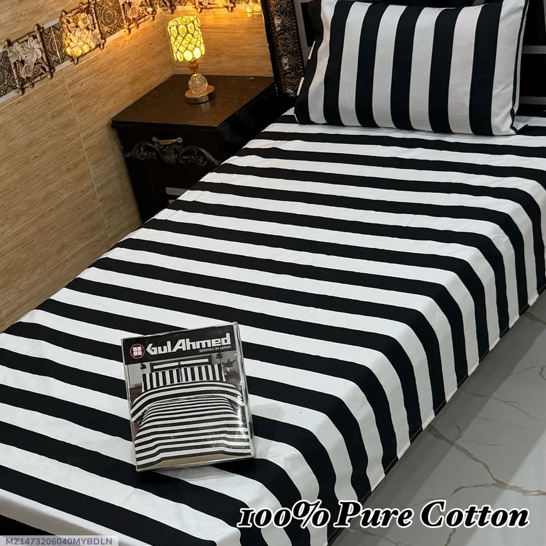 100% Pure Cotton Striped Bedsheet Set Black Single Bed