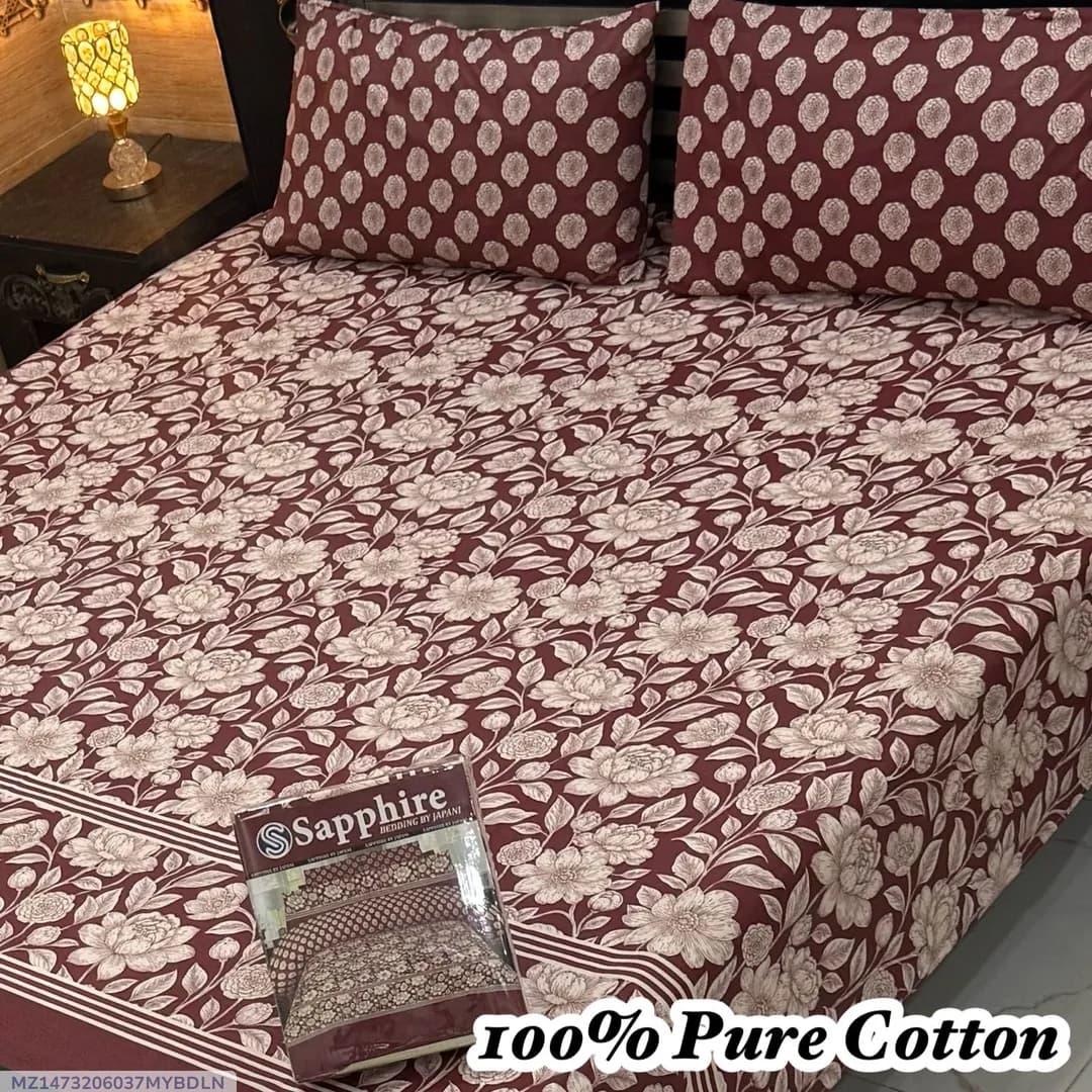 100% Pure Cotton Maroon Printed Bedsheet Set Double Bed