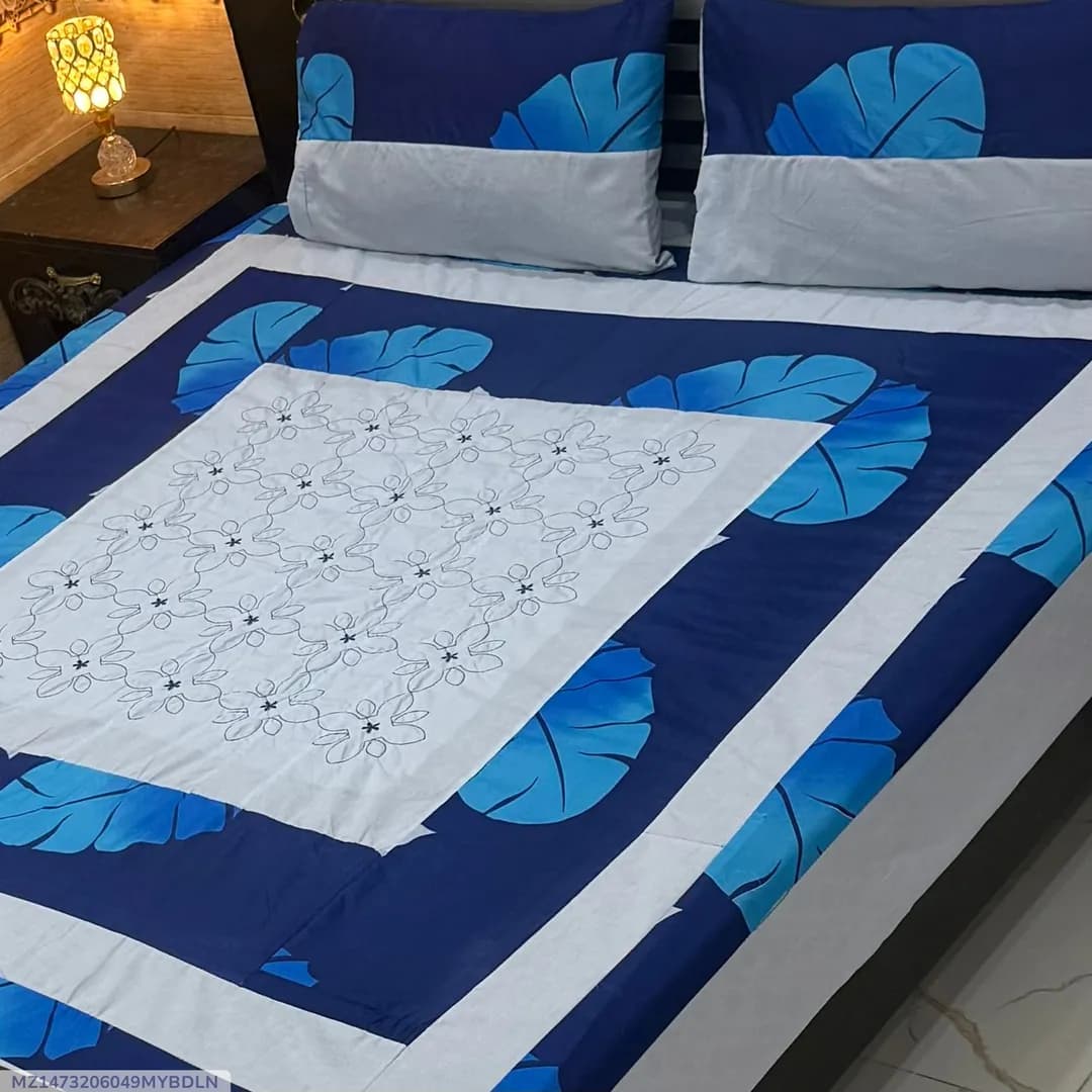 Blue Patchwork Cotton Bedsheet Set for Double Bed