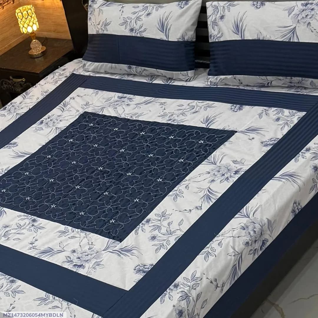 Blue Embroidered Cotton Bedsheet Set for Double Bed
