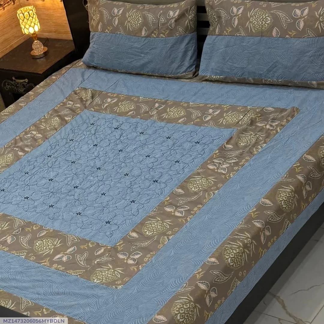Blue Cotton Patchwork Double Bedsheet Set with Pillow Covers