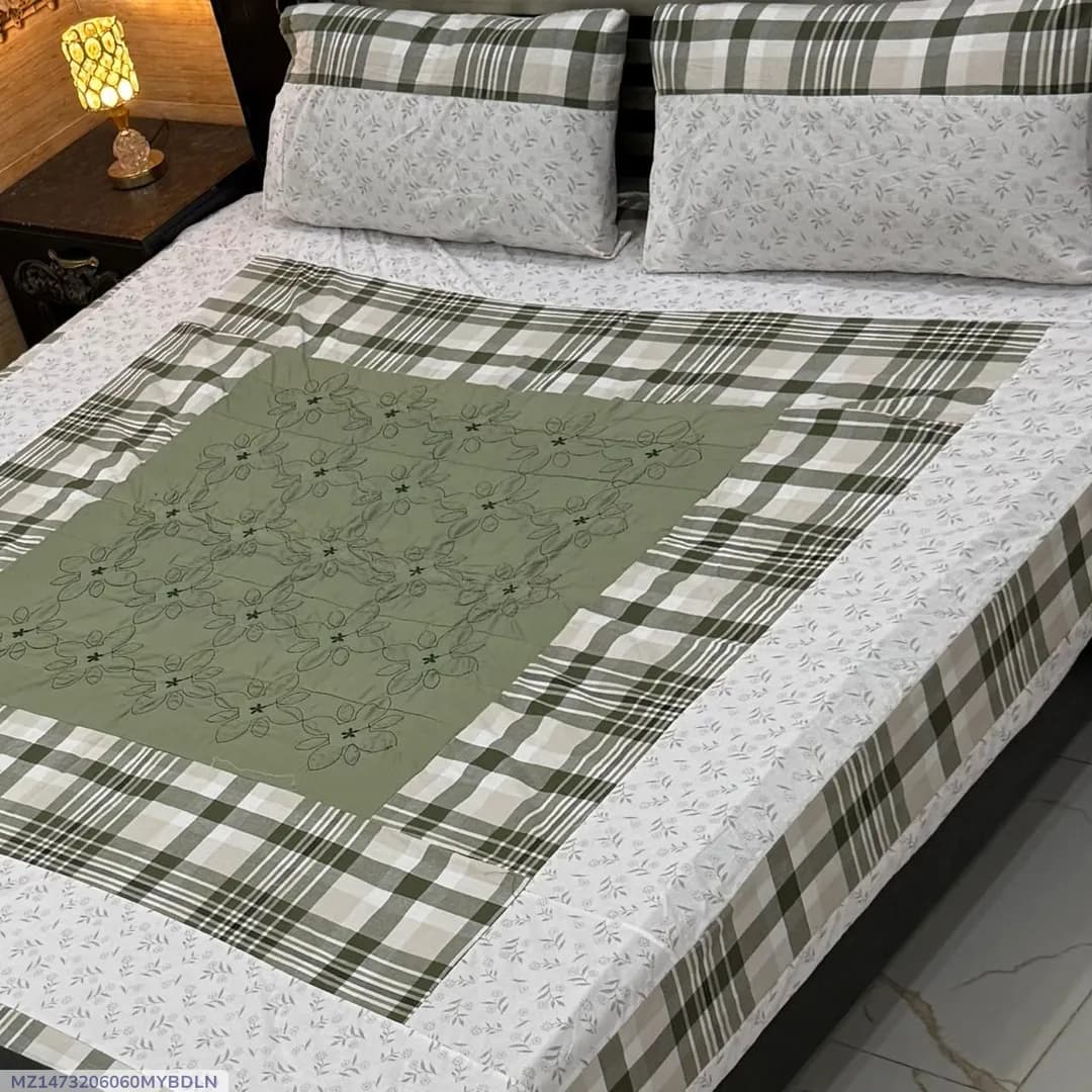 Green Embroidered Cotton Patchwork Double Bedsheet Set