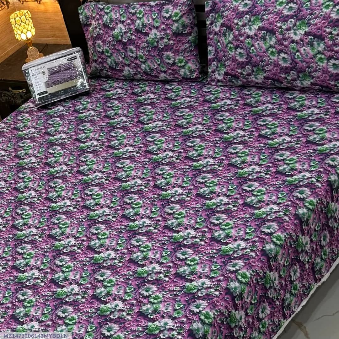 Vibrant 3 Pcs 7D Digital Micro Cotton Printed Double Bedsheet