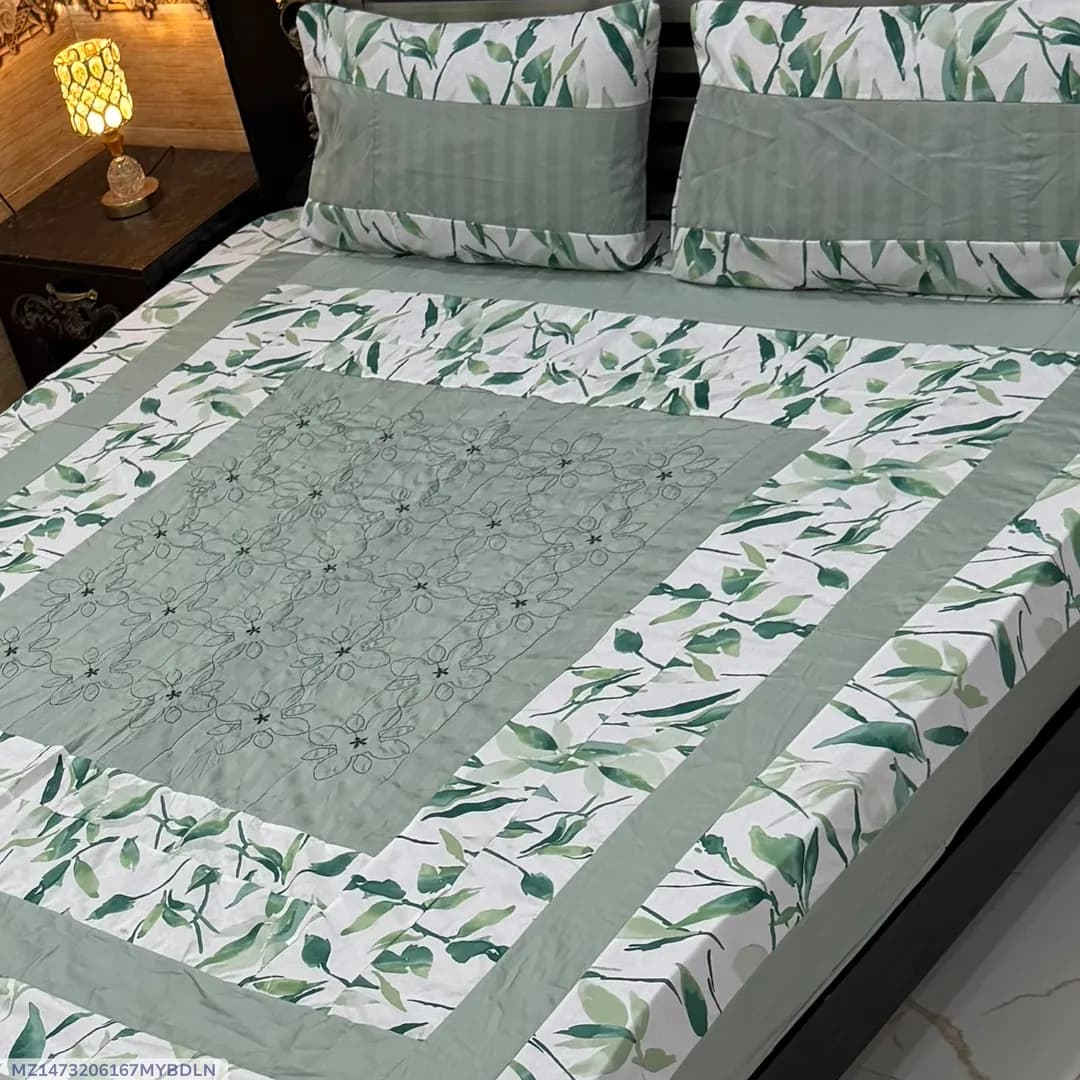 Stylish 3 Pcs Cotton Sotton Embroidered Patchwork Double Bedsheet