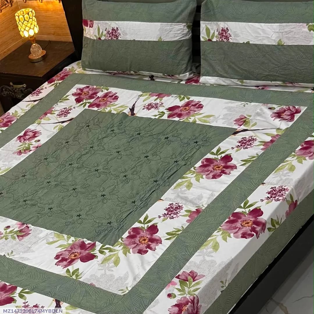 Stylish 3 Pcs Cotton Sotton Embroidered Patchwork Double Bedsheet