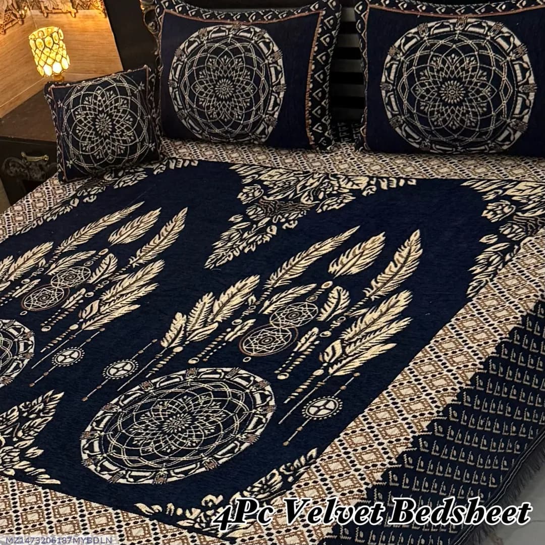Exclusive 4 Pcs Velvet Jacquard Embroidered Double Bedsheet