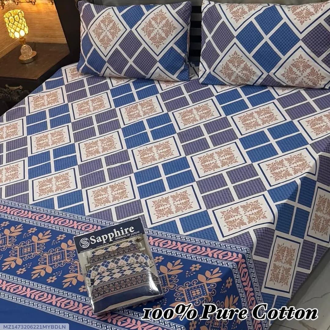 Exclusive 3 Pcs 100% Pure Cotton Printed Double Bedsheet