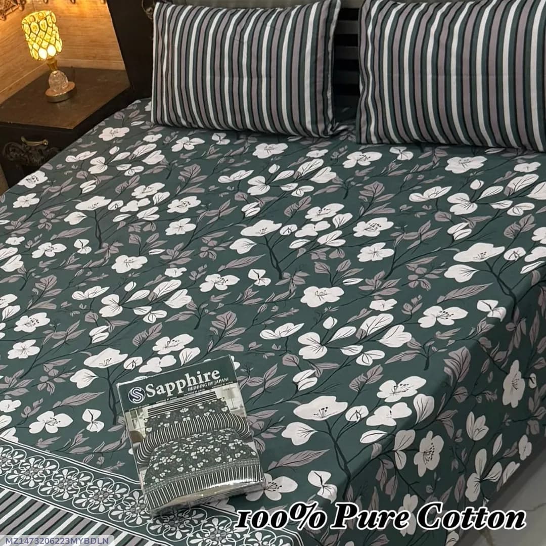 Exclusive 3 Pcs 100% Pure Cotton Printed Double Bedsheet