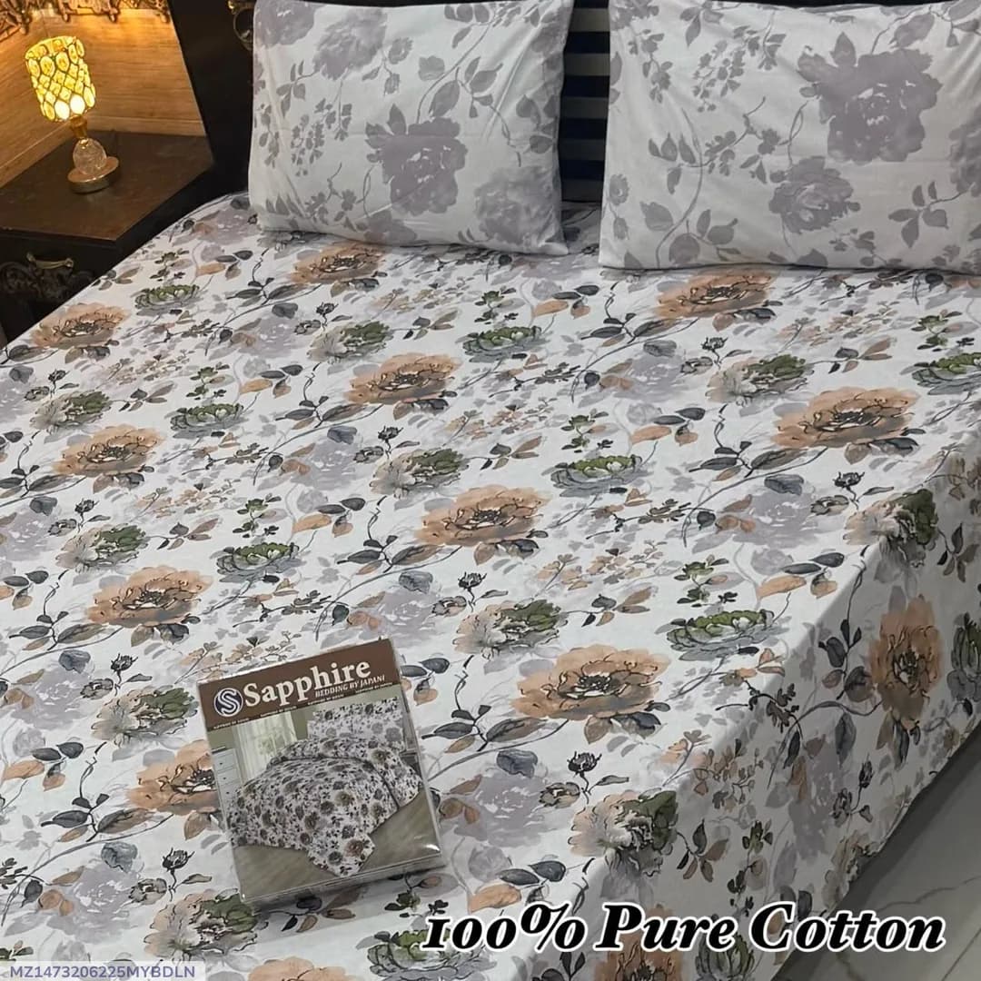 Exclusive 3 Pcs 100% Pure Cotton Printed Double Bedsheet