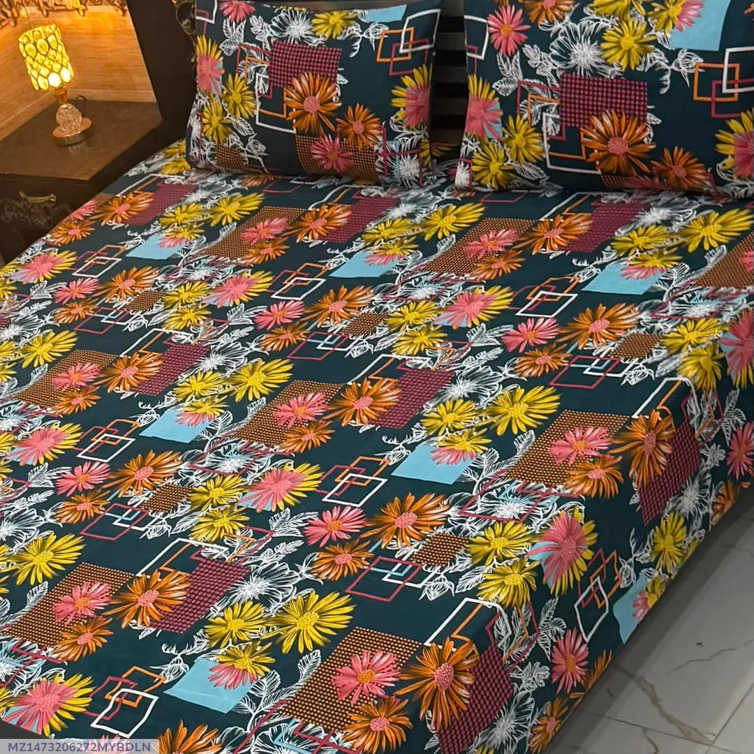 Vibrant 3 Pcs Crystal Cotton Printed Double Bedsheet