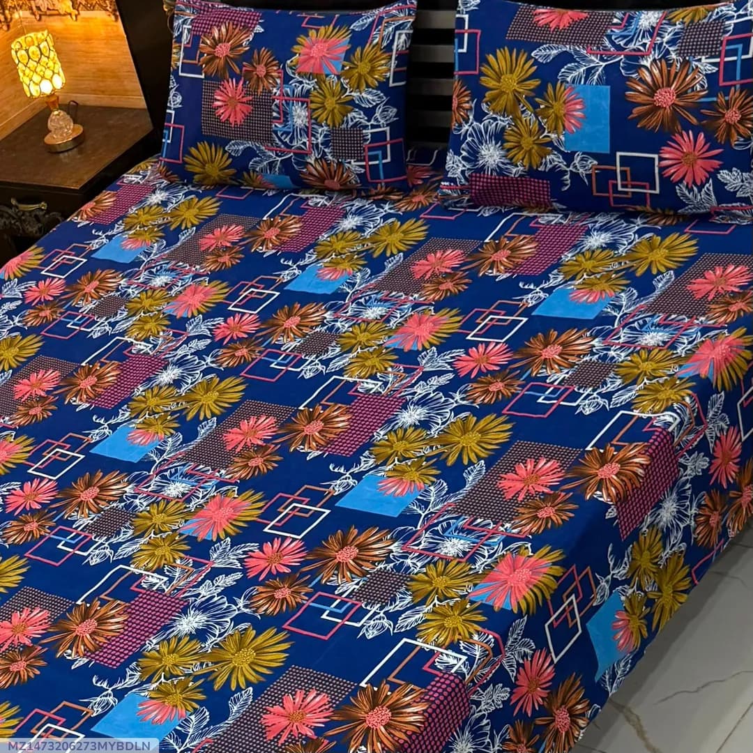 Vibrant 3 Pcs Crystal Cotton Printed Double Bedsheet