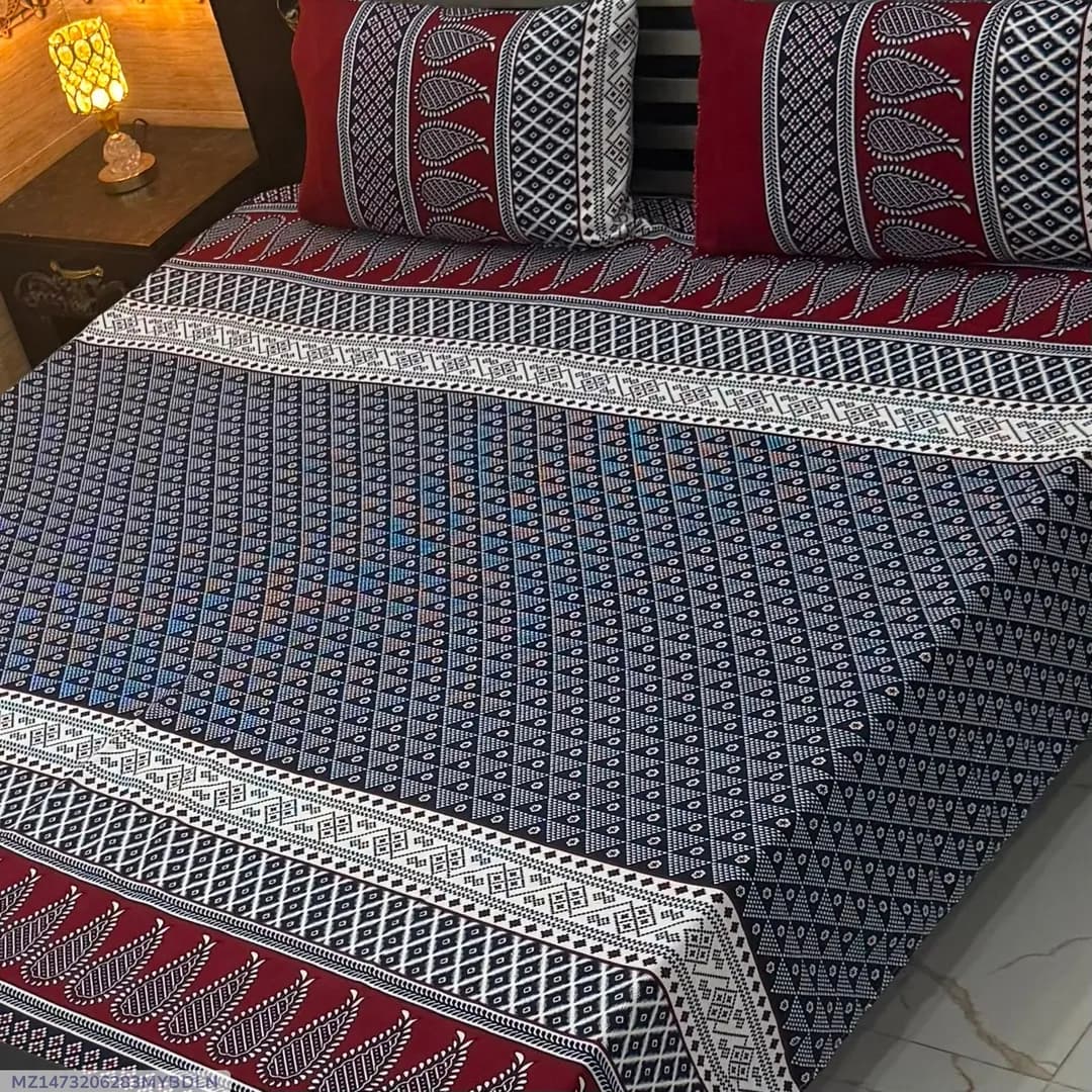 Vibrant 3 Pcs Crystal Cotton Printed Double Bedsheet