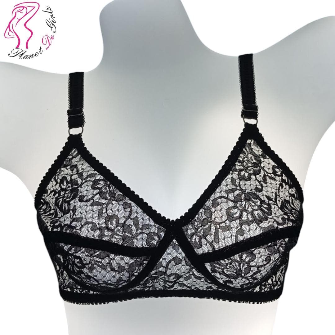 Black Lace Bra for Women, Adjustable Straps, Breathable Net Fabric, Sizes 32-42