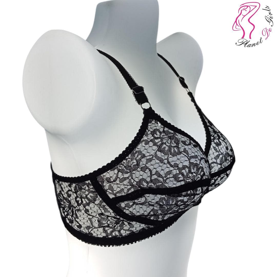 Black Lace Bra for Women, Adjustable Straps, Breathable Net Fabric, Sizes 32-42