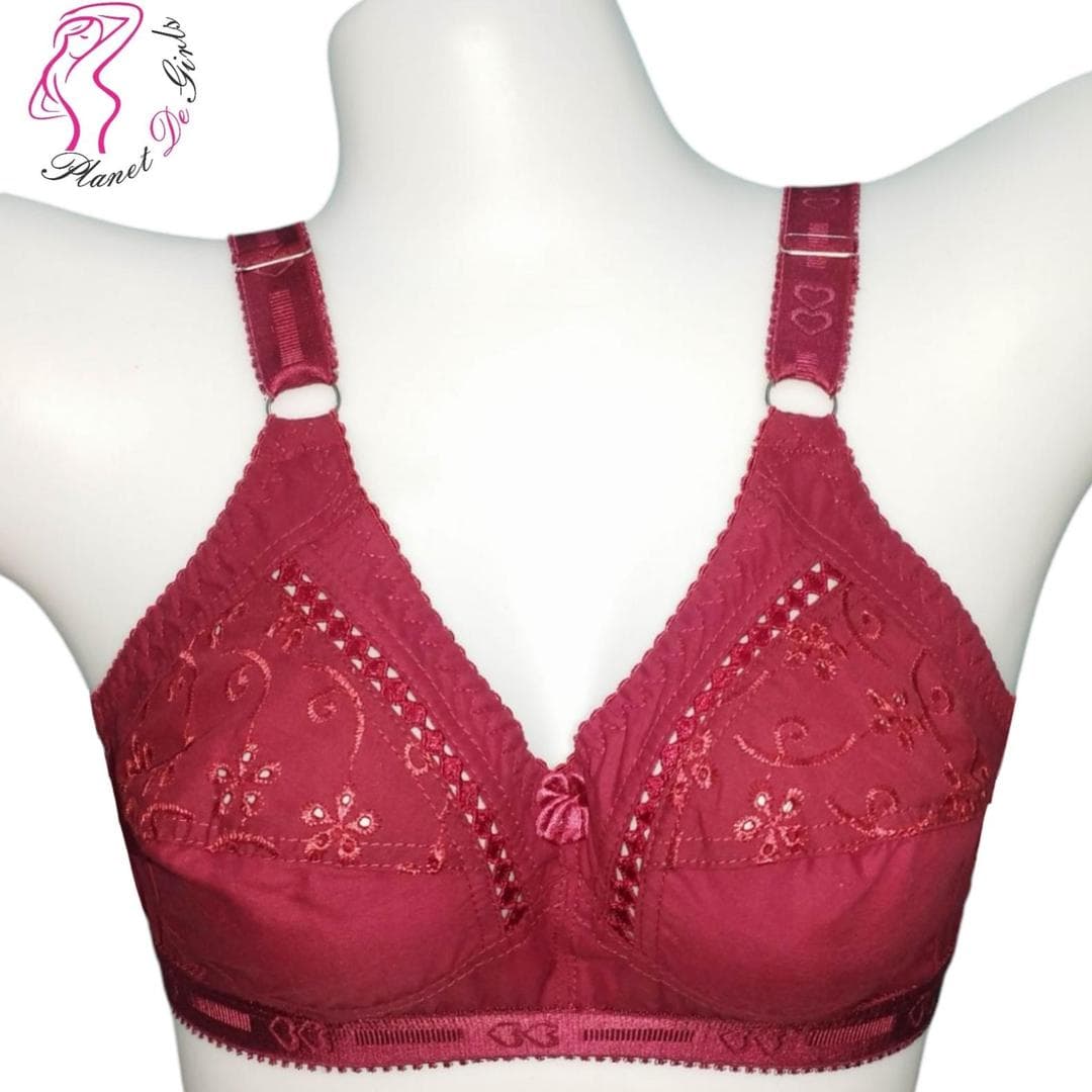 Maroon Cotton Embroidered Bra for Women, Non-Padded, Lightweight, Adjustable Straps