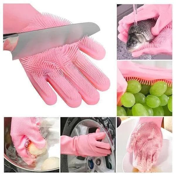 Pink Silicone Kitchen Gloves for Safe Cleaning