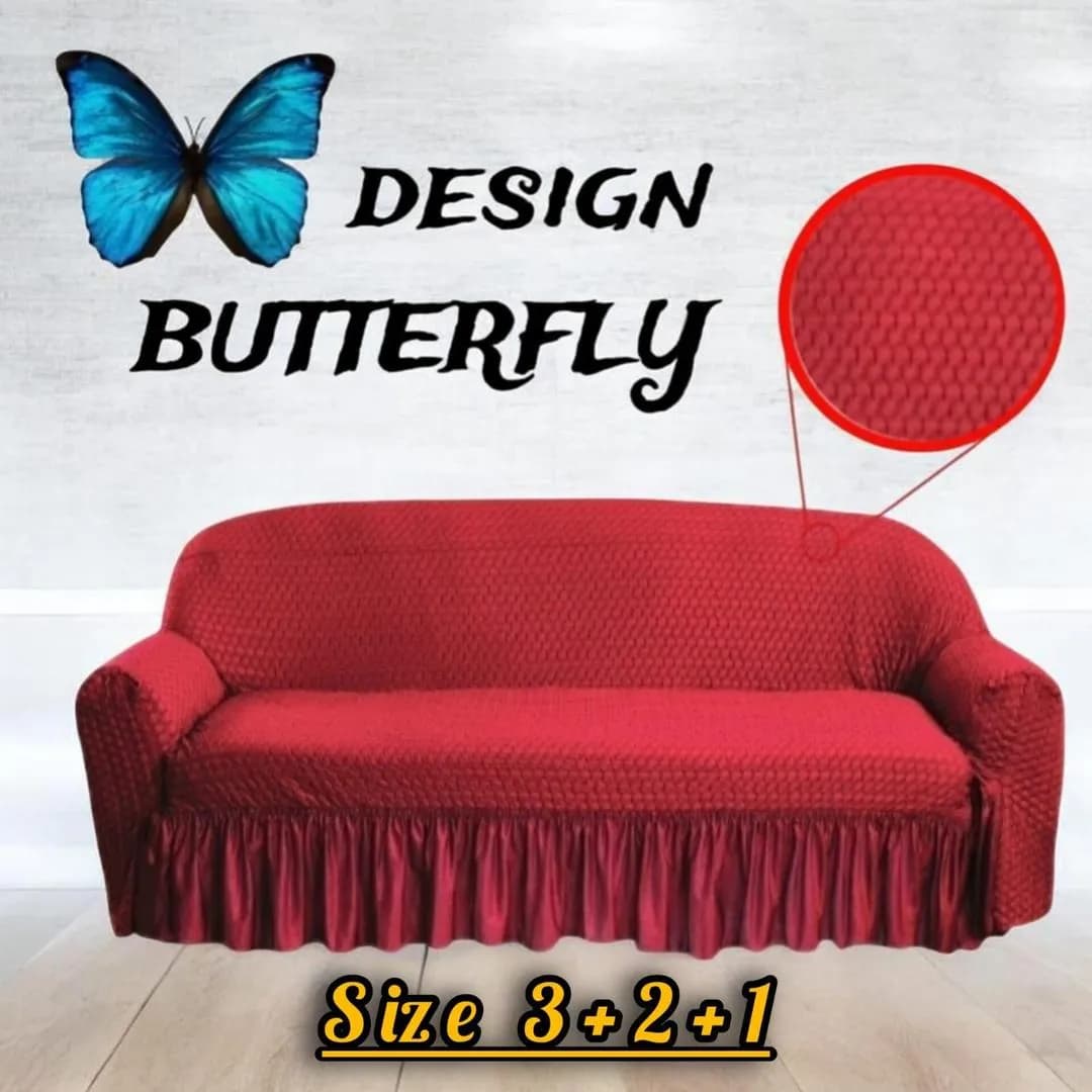 Maroon Butterfly 3+2+1 Sofa Cover Mesh Fabric