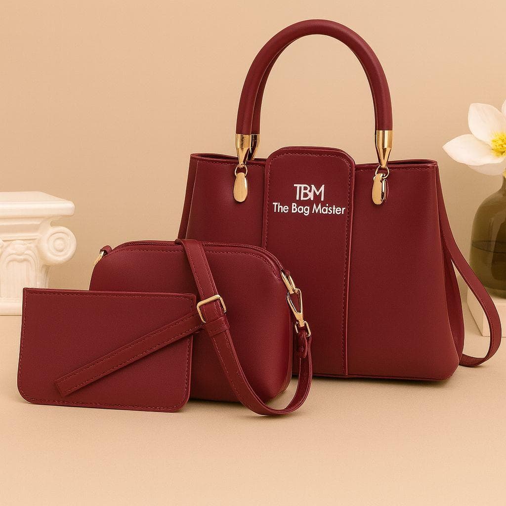 Maroon 3-Piece Rexine Handbag Set for Women