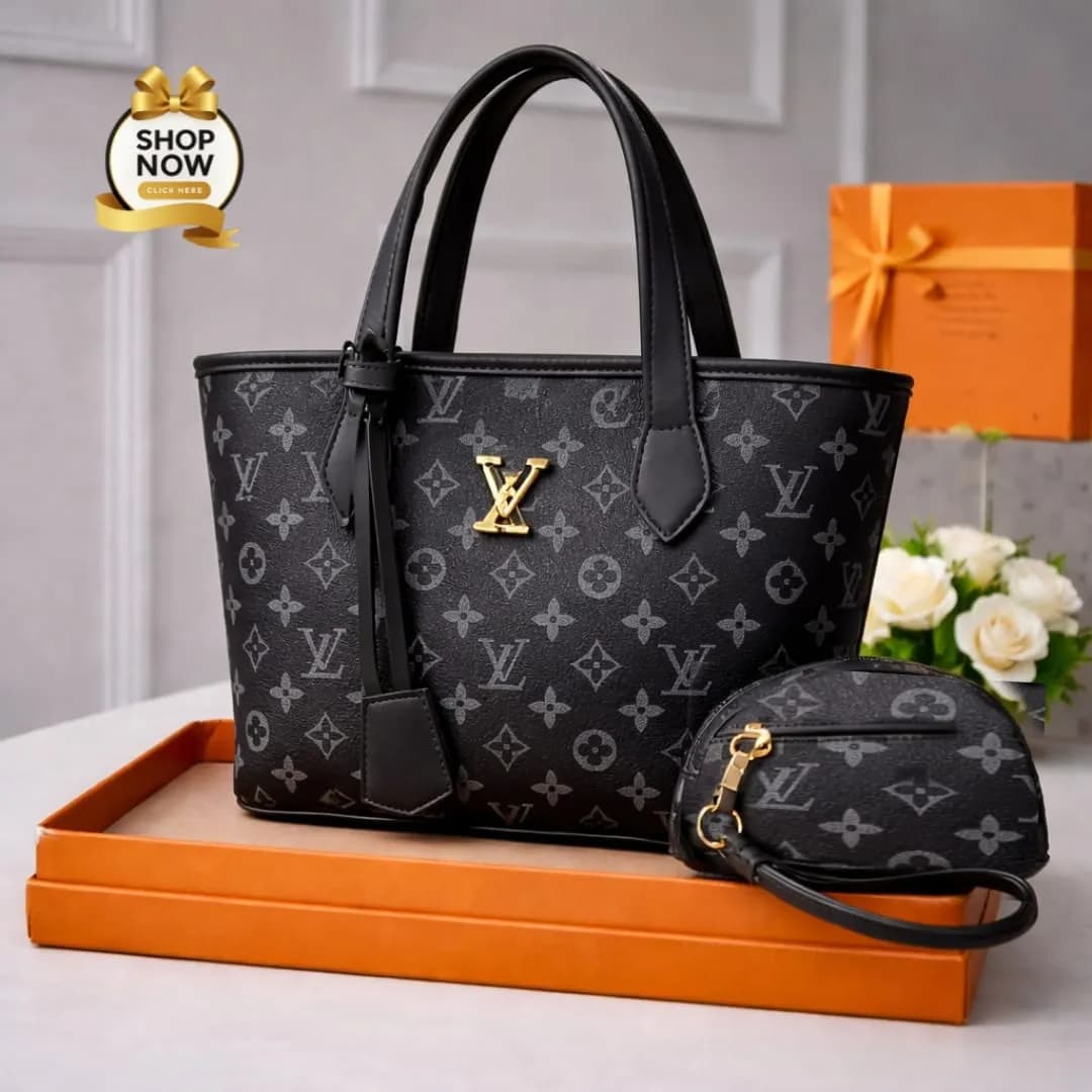 Women's Printed Handbag Set Black Brown Gold LV Logo