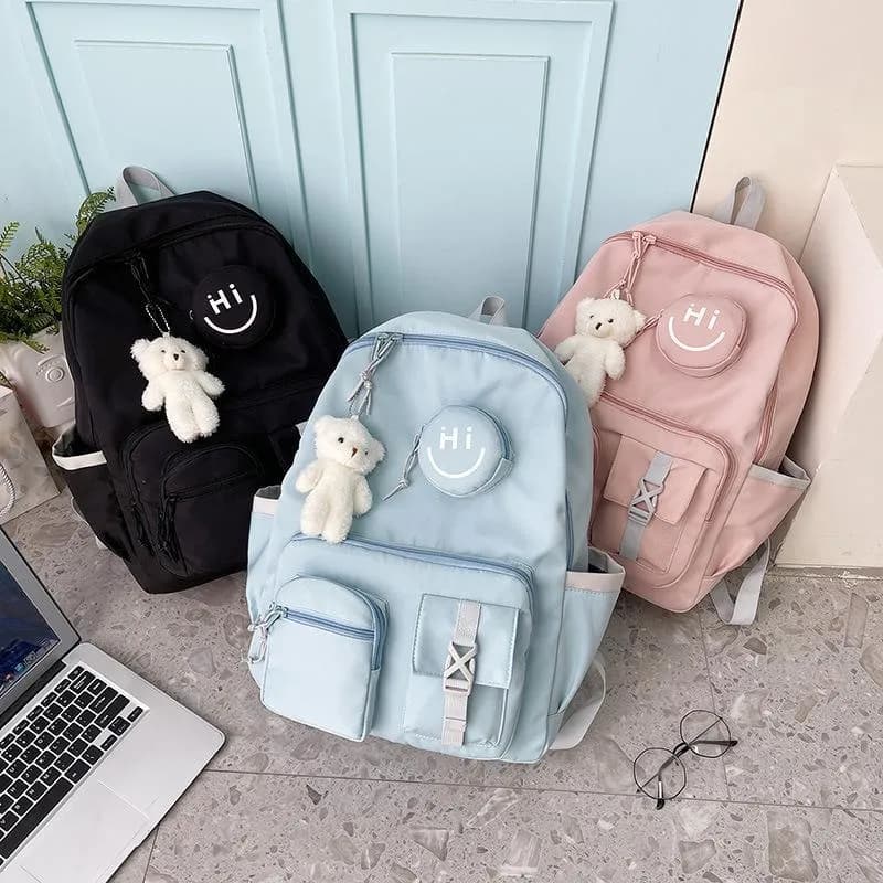 Stylish Bear Charm Backpack Black Blue Pink Nylon