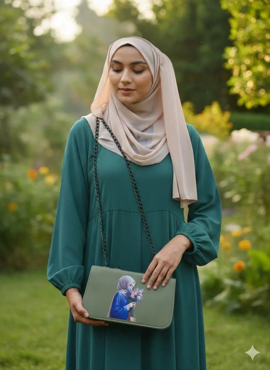 Green Printed Leather Crossbody Bag for Girls 7x11
