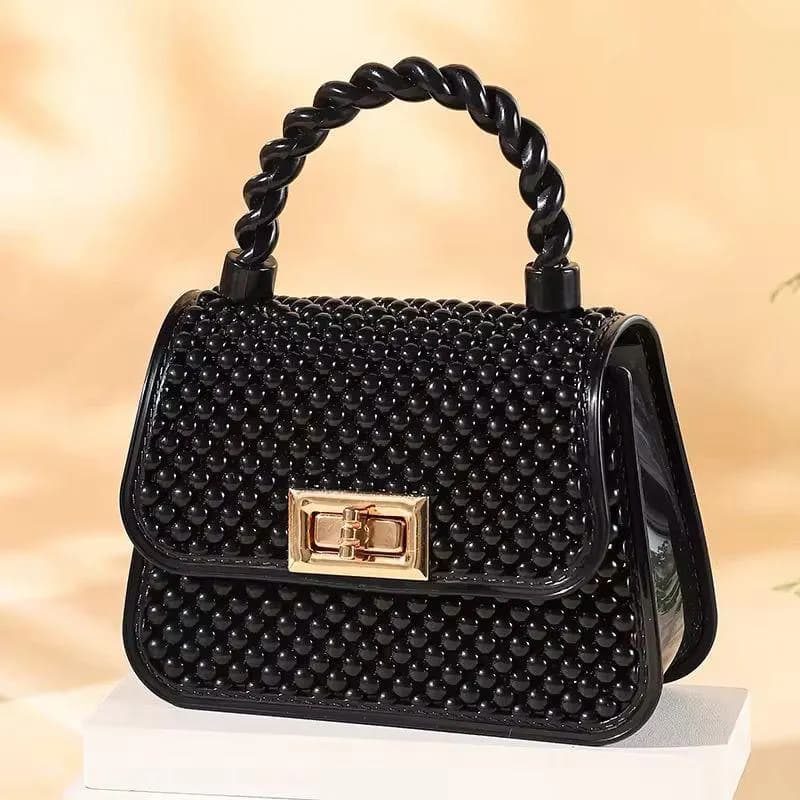 Black Beaded Chain Crossbody Bag for Girls