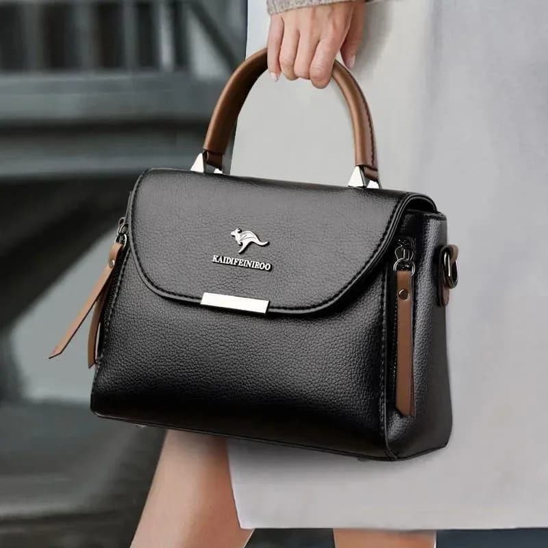 Black Leather Crossbody Bag for Girls 8x8 Inches