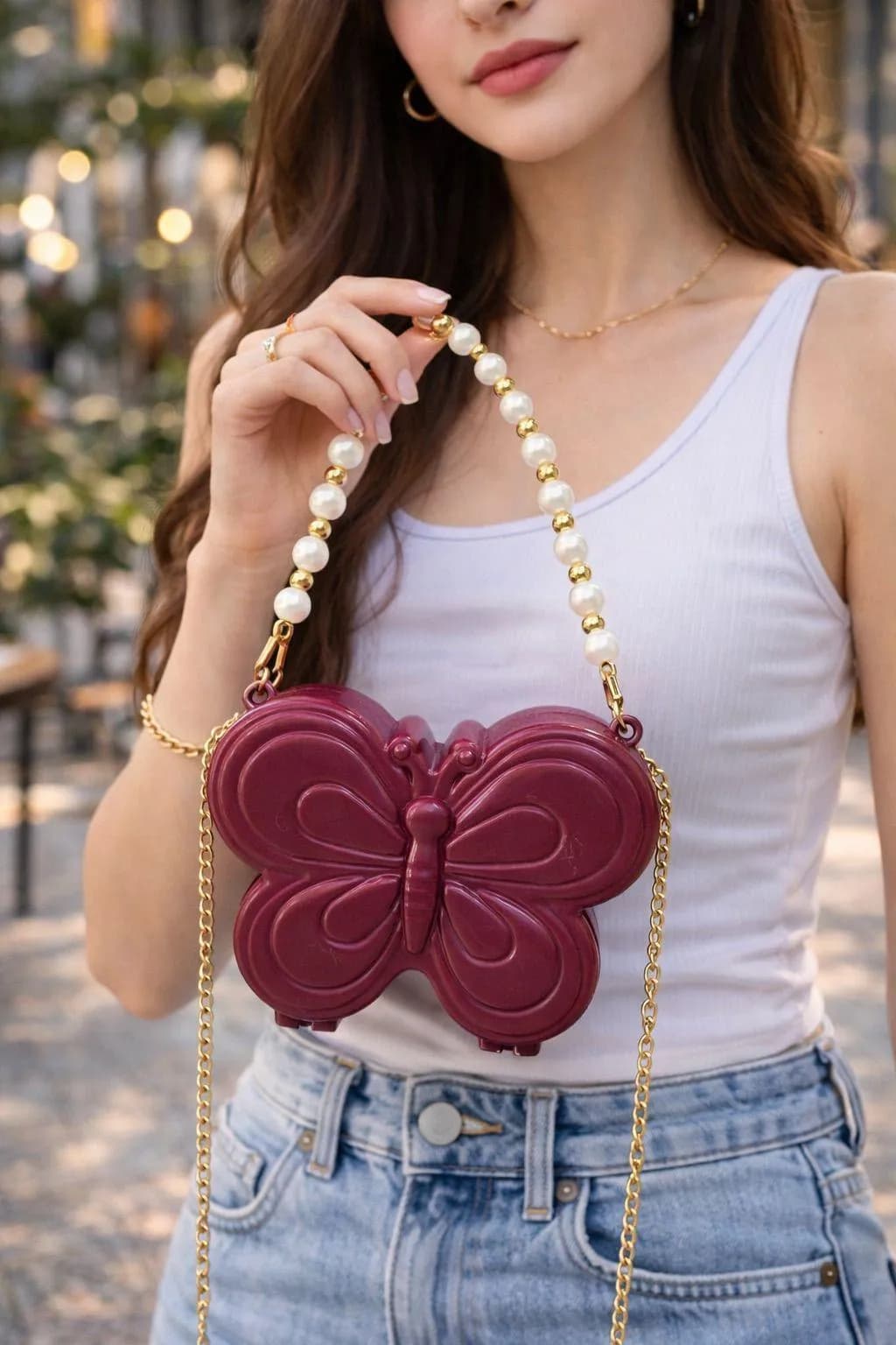 Maroon Butterfly Mini Bag for Girls with Pearl & Gold Beads
