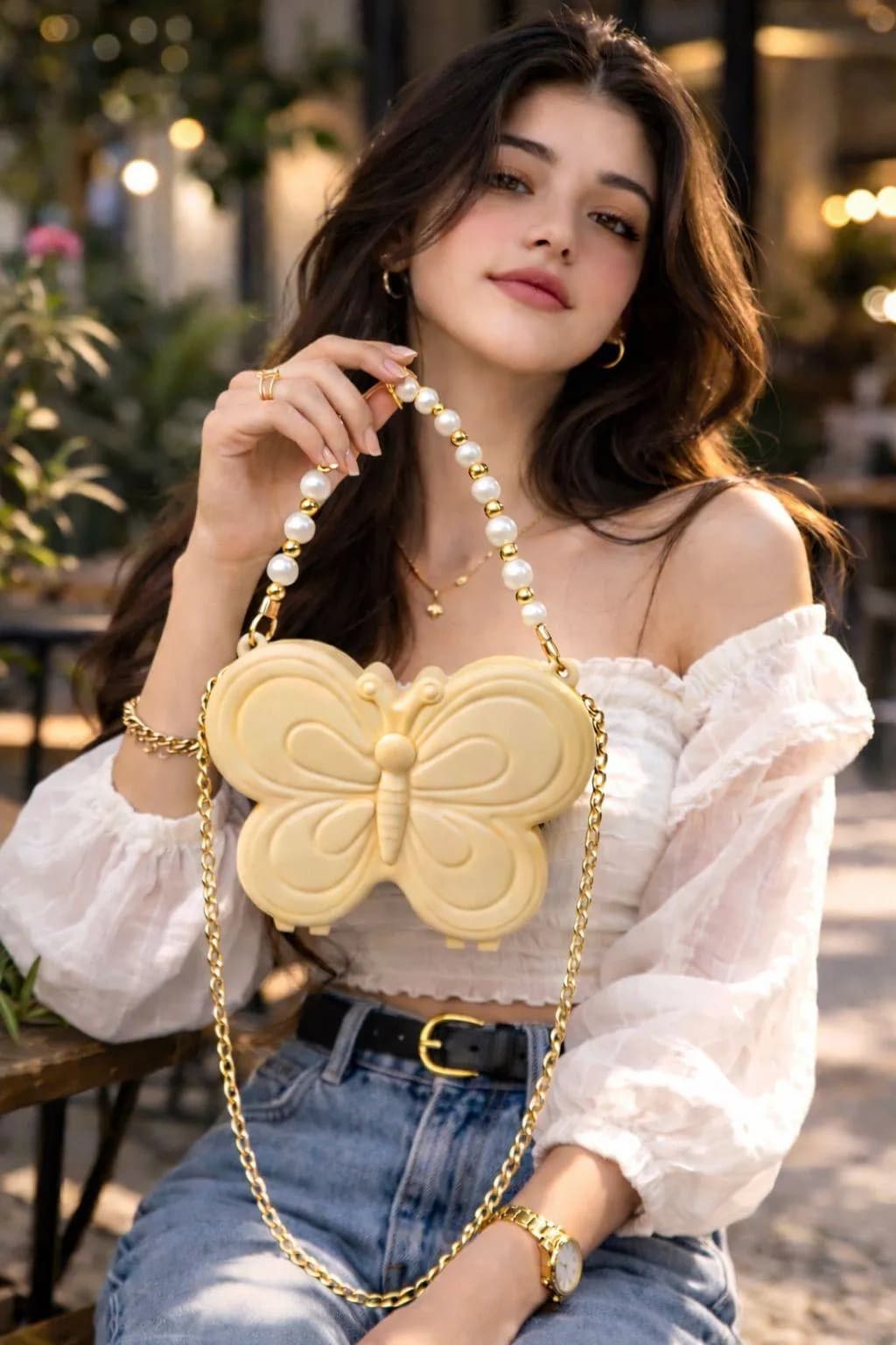 Beige Butterfly Crossbody Bag with Pearl & Gold Chain for Girls