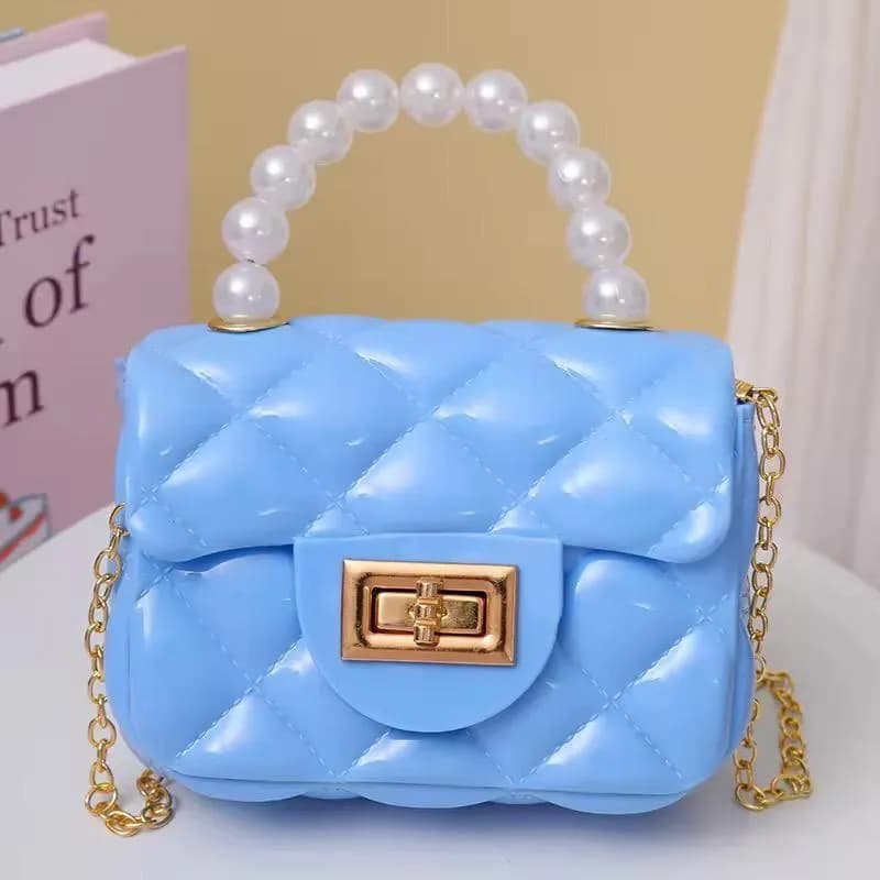 Blue Quilted Pearl Handle Mini Bag for Girls