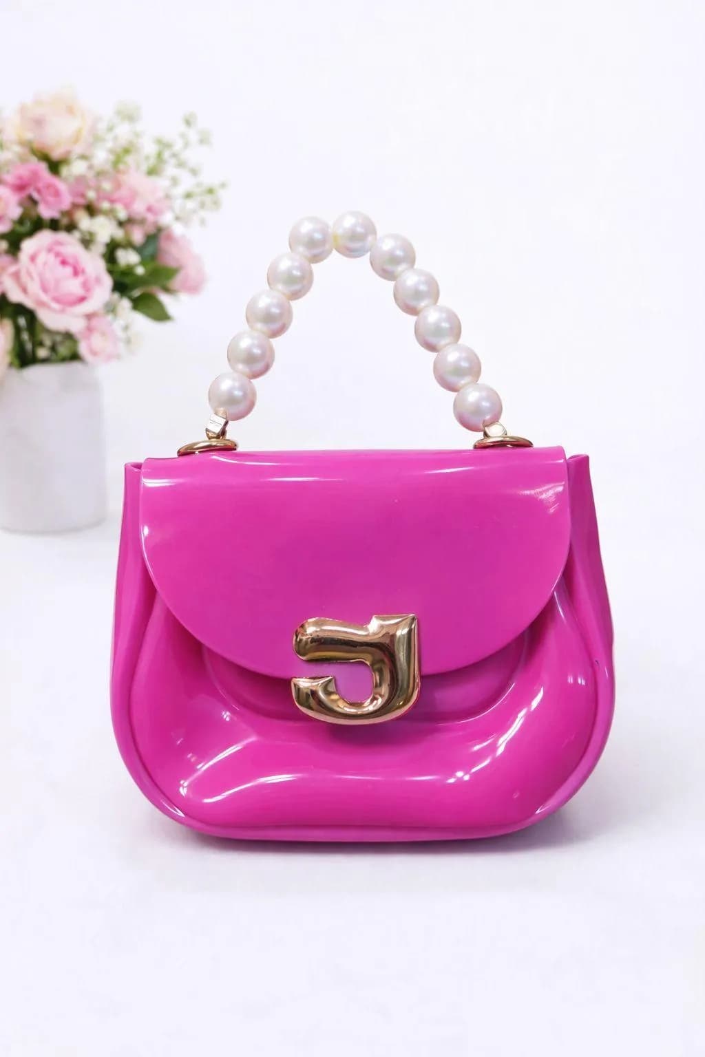Pink Pearl-Strap Mini Acrylic Handbag for Girls