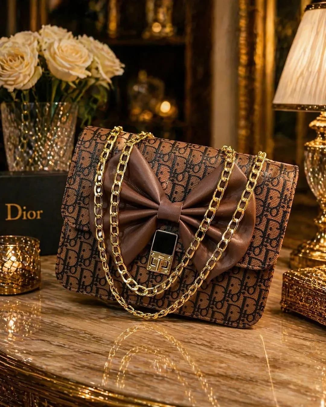 Brown Leather Chain Crossbody Bag for Girls