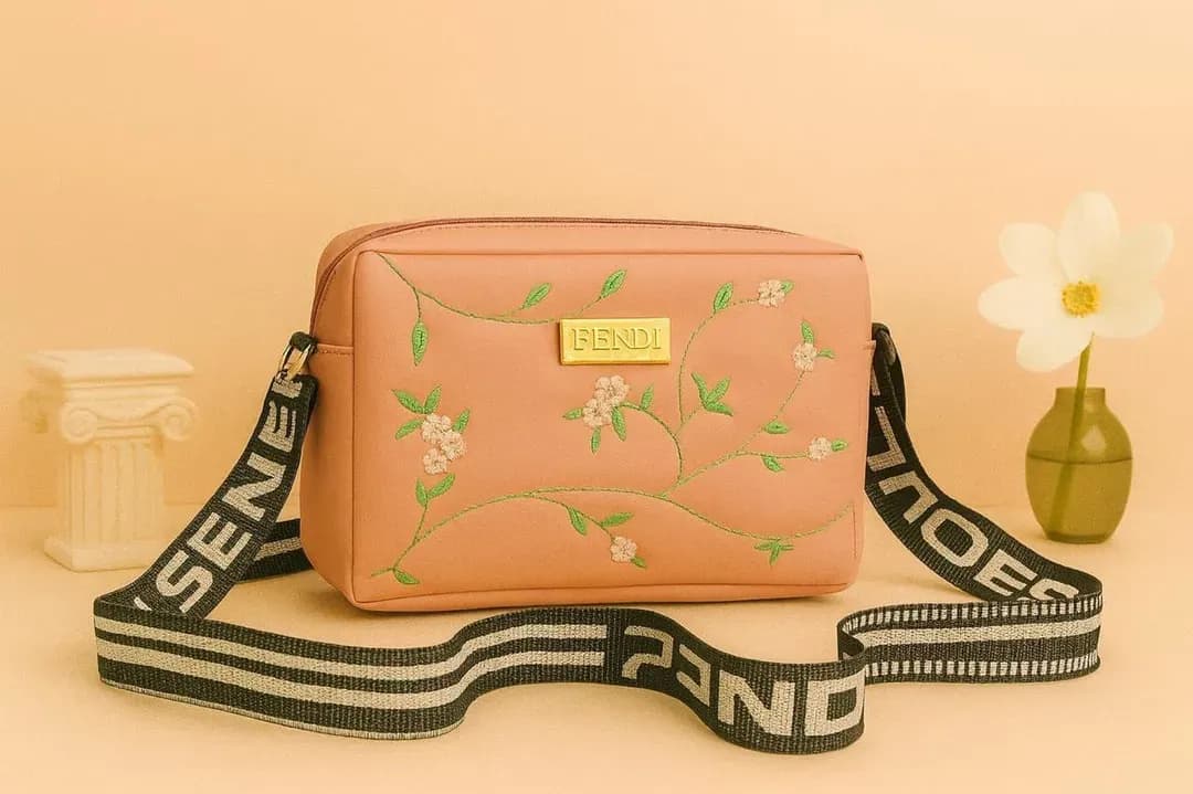 Peach Embroidered Leather Crossbody Bag for Girls