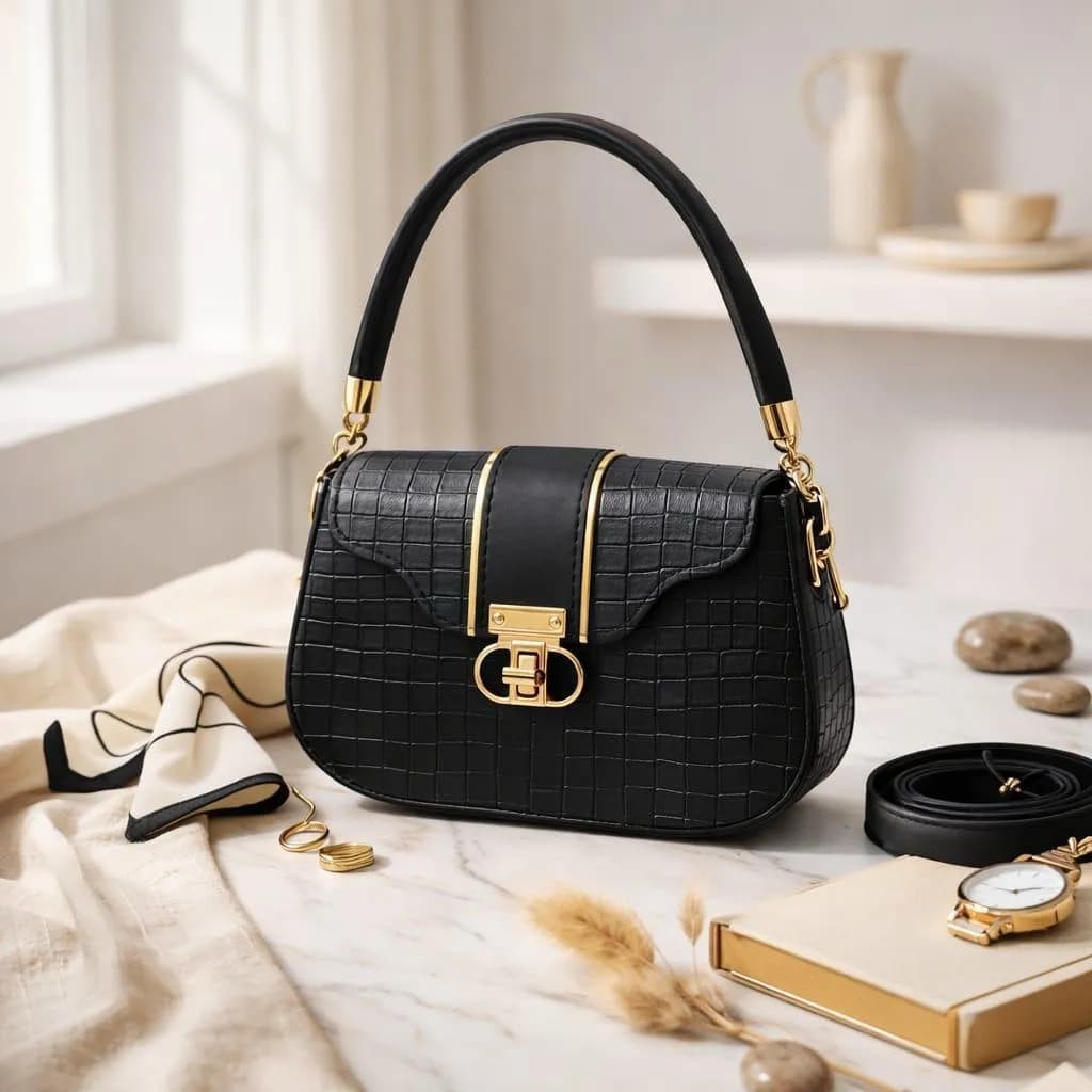 Black Leather Shoulder Bag for Women 6x8 Inches
