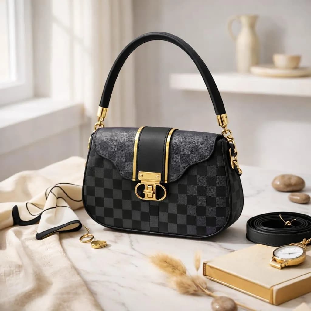 Women's Black Checkered Leather Shoulder Bag