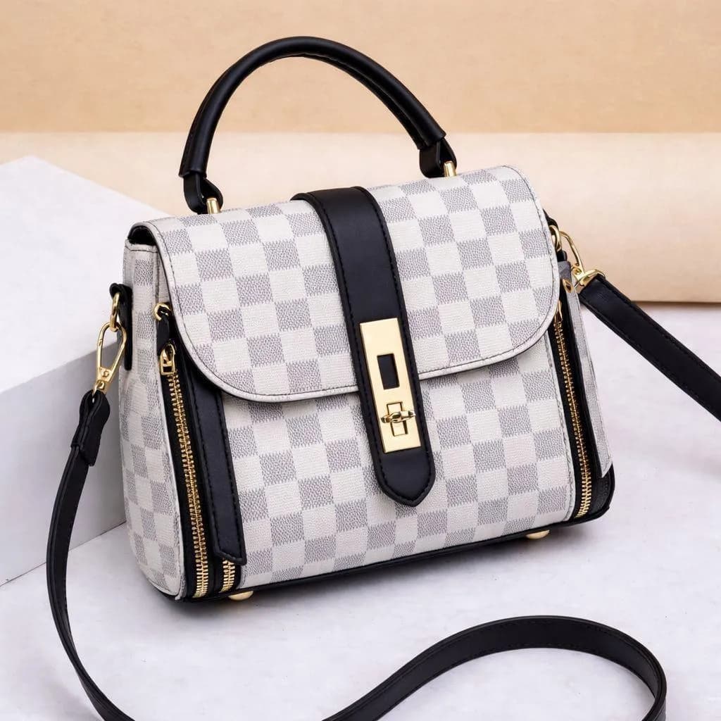 Women's Checkered Shoulder Bag with Gold Lock