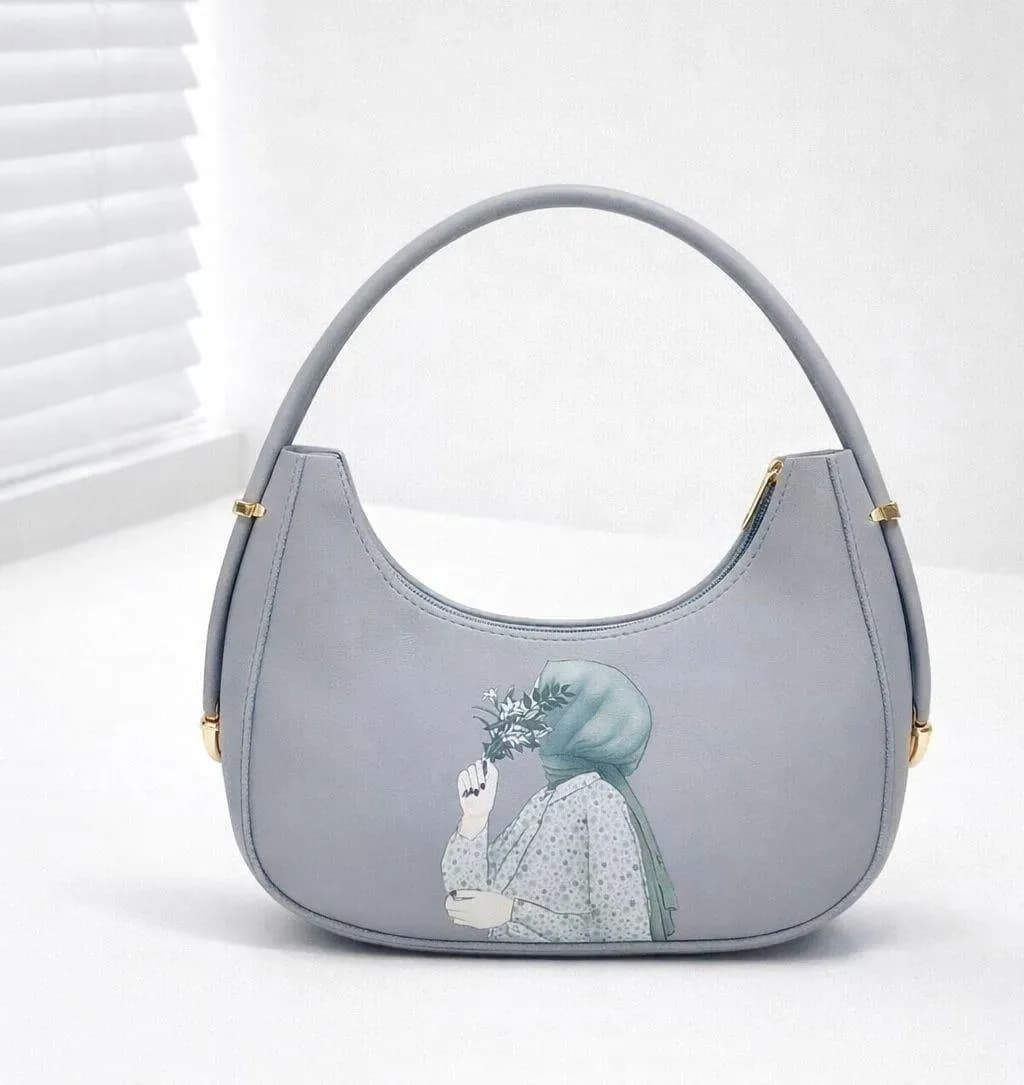 Grey Women's Leather Shoulder Bag with Printed Design