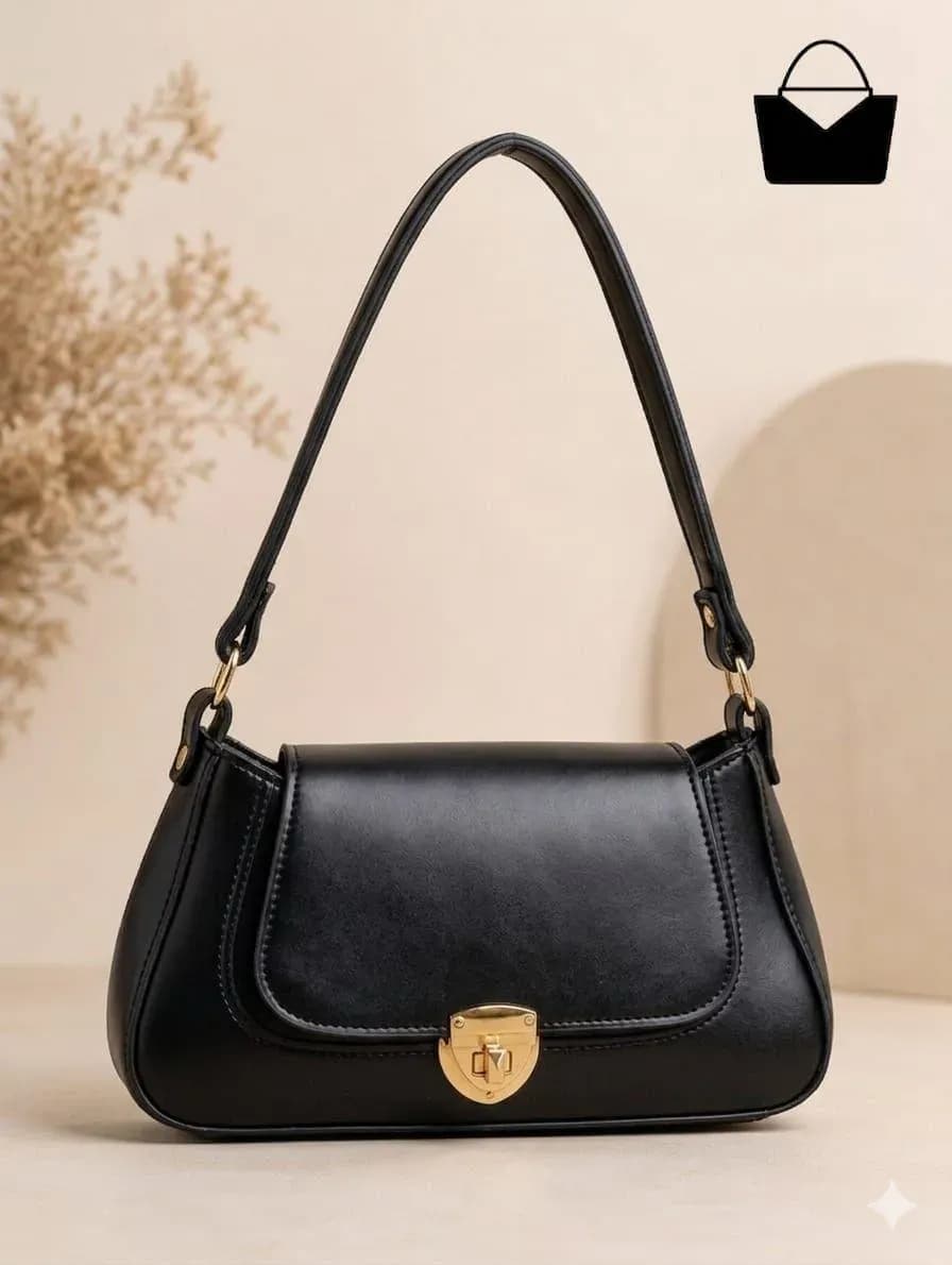 Black Leather Shoulder Bag with Gold Clasp