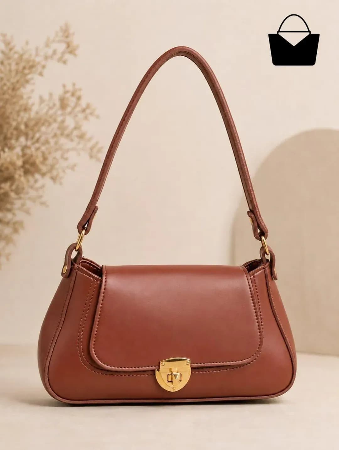 Brown Leather Shoulder Bag with Gold Clasp