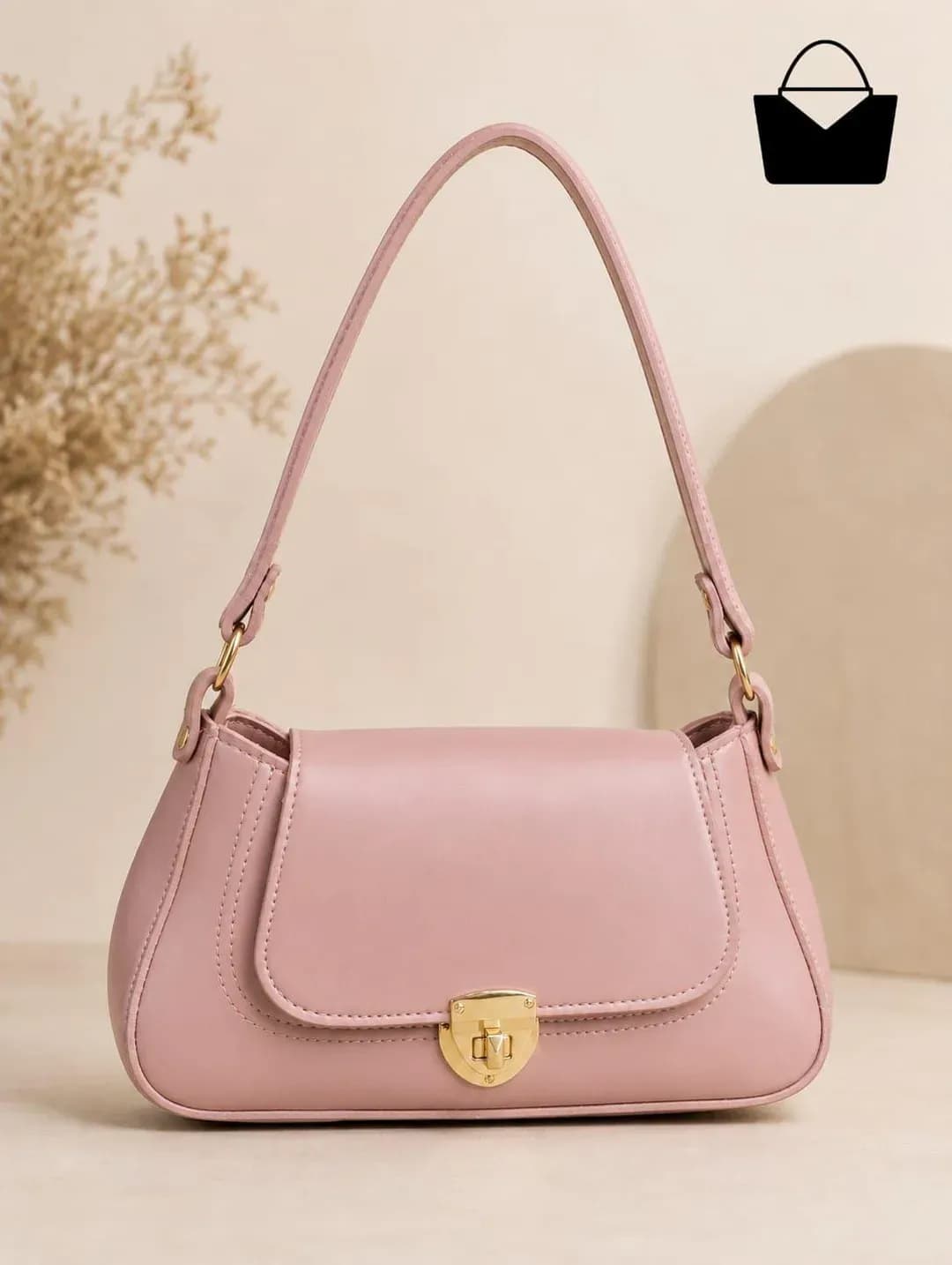 Pink Leather Shoulder Bag for Women with Gold Clasp