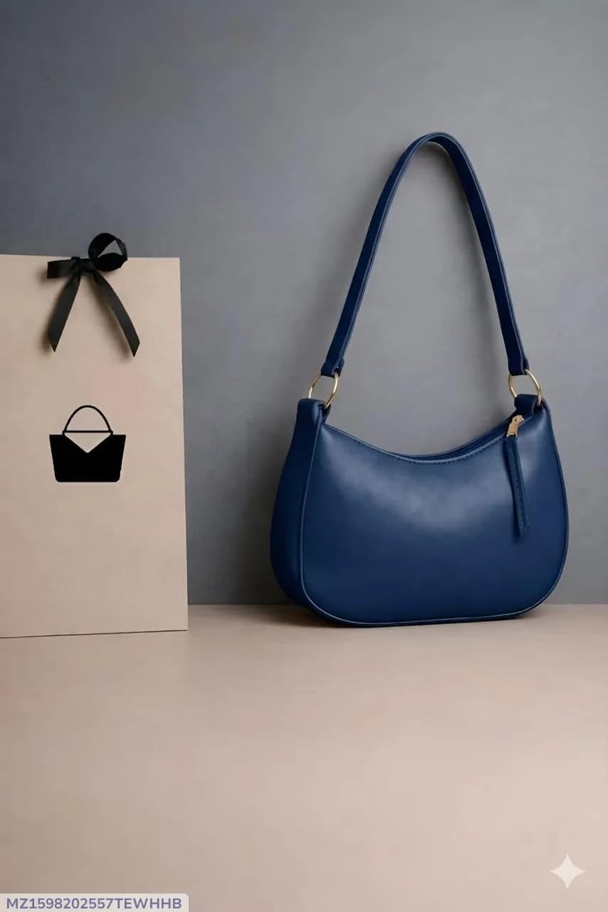Blue Leather Shoulder Bag for Women - 1 Pc, Plain Design, 3cm Height