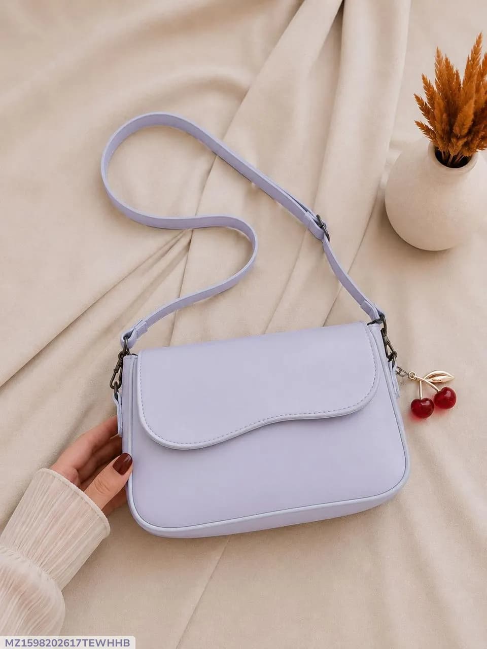 Women's Light Blue Leather Shoulder Bag with Red Charm