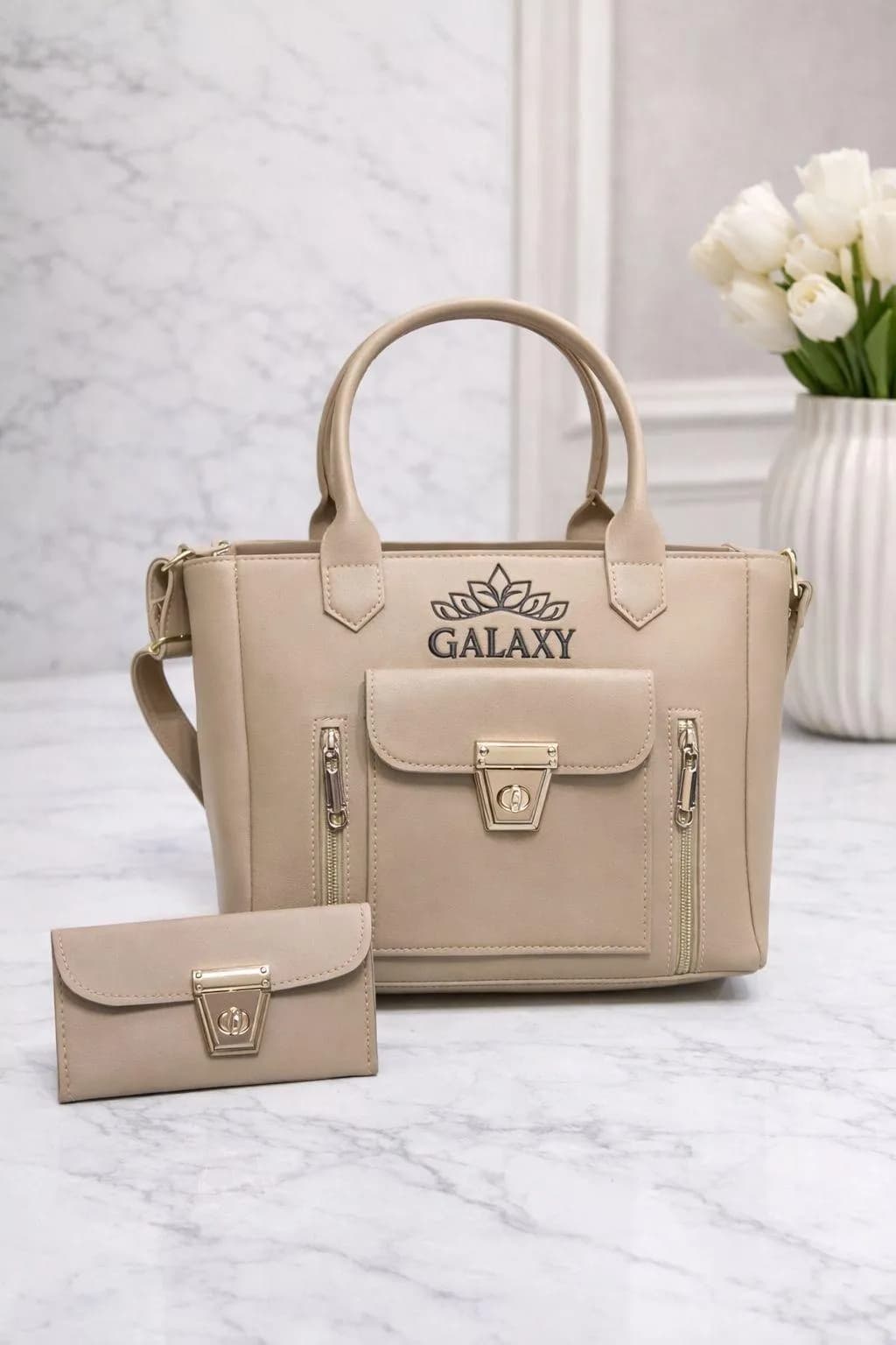 Women's Beige Leather Handbag Set with Small Clutch