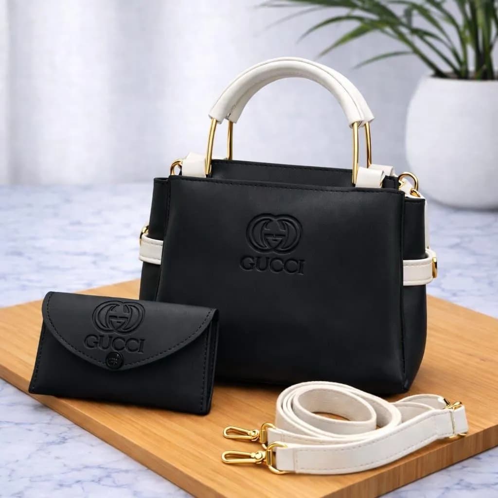Women's Black Leather Handbag Set with Wallet