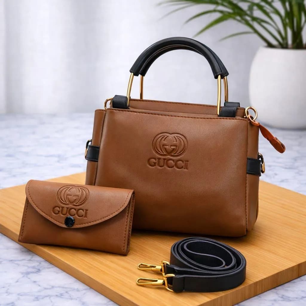 Gucci Leather Handbag Set Brown Gold Plated 2 Pcs