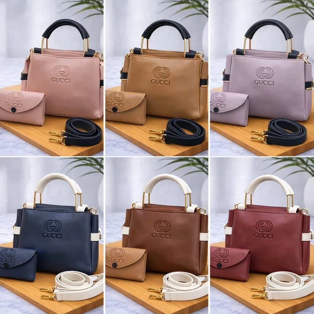 Gucci Leather Handbag Set Brown Gold Plated 2 Pcs